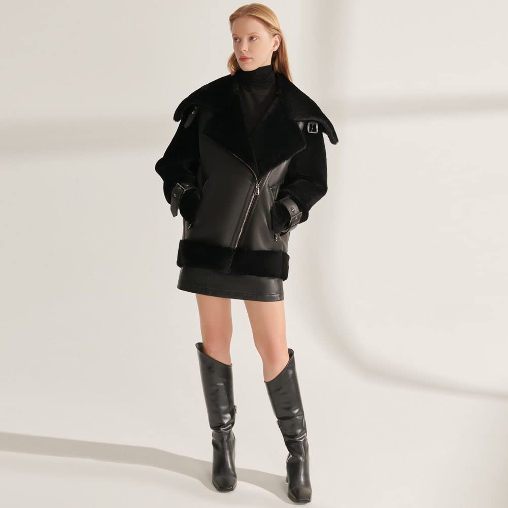 Women's Shearling Leather Jacket with Lapel