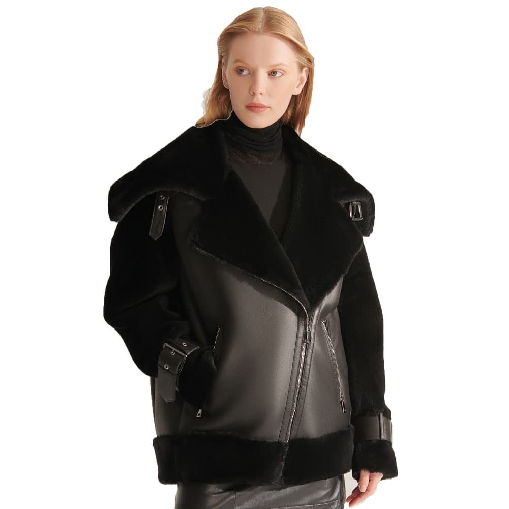 Women's Shearling Leather Jacket with Lapel