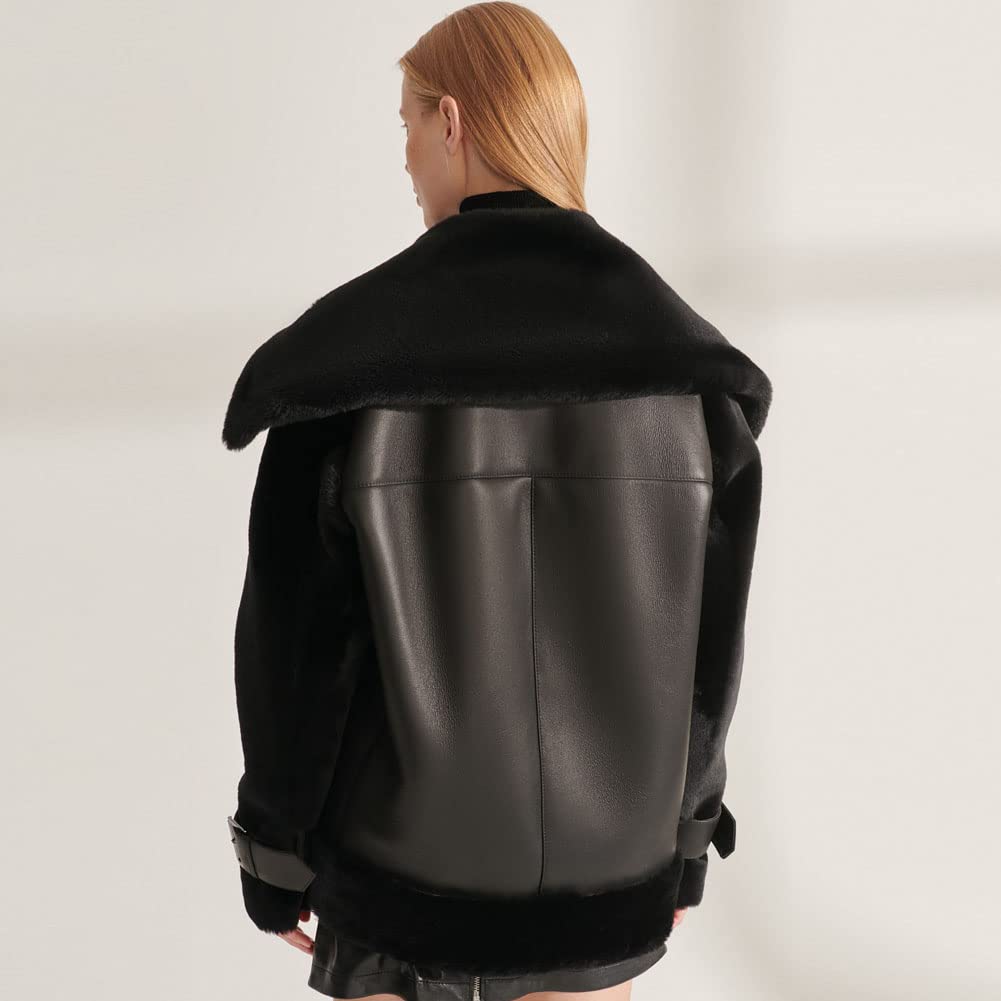 Women's Shearling Leather Jacket with Lapel