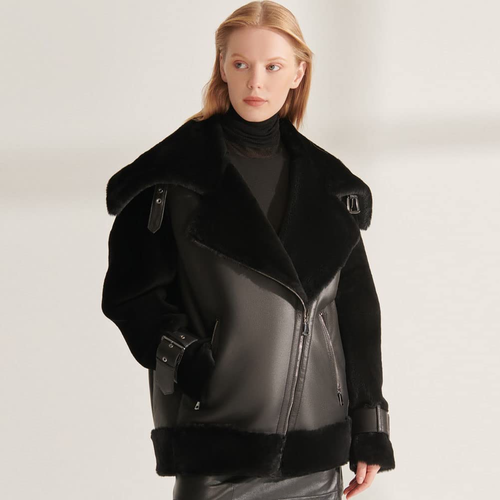 Women's Shearling Leather Jacket with Lapel