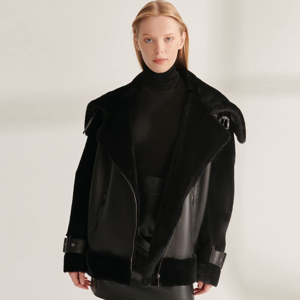 Women's Shearling Leather Jacket with Lapel