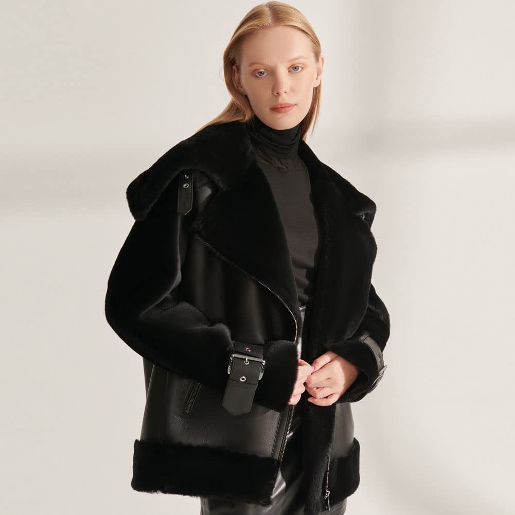 Women's Shearling Leather Jacket with Lapel