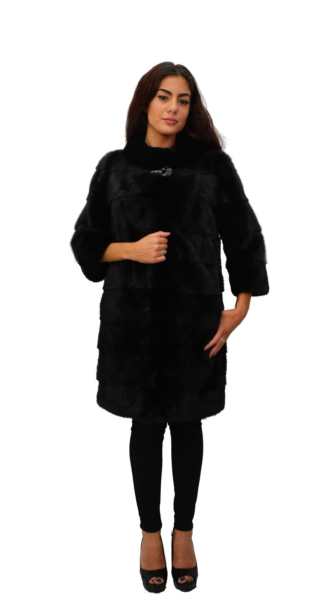Mink Full Skin Fur Coat Semi -Sleeve with Buckle (S, Black)