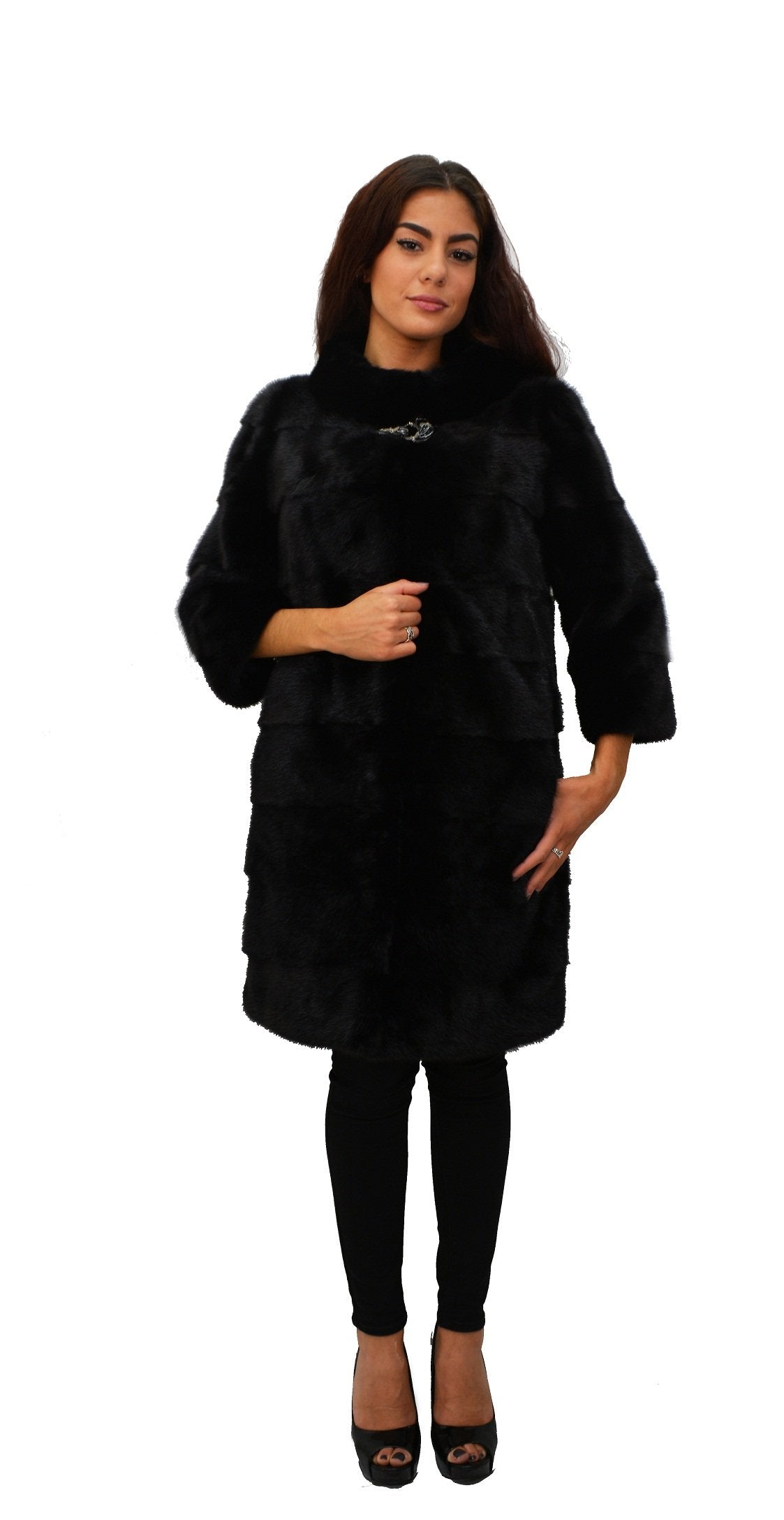 Mink Full Skin Fur Coat Semi -Sleeve with Buckle (S, Black)