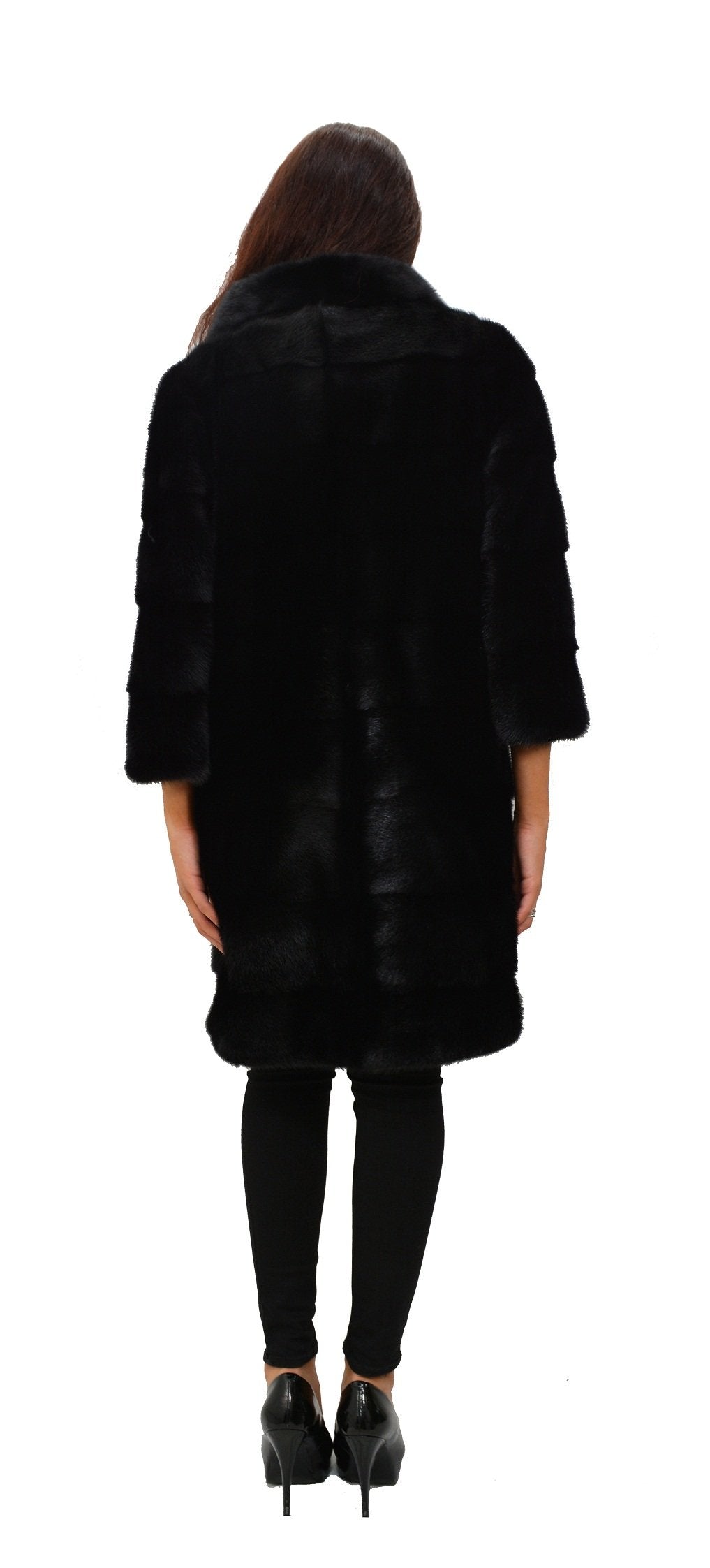 Mink Full Skin Fur Coat Semi -Sleeve with Buckle (S, Black)