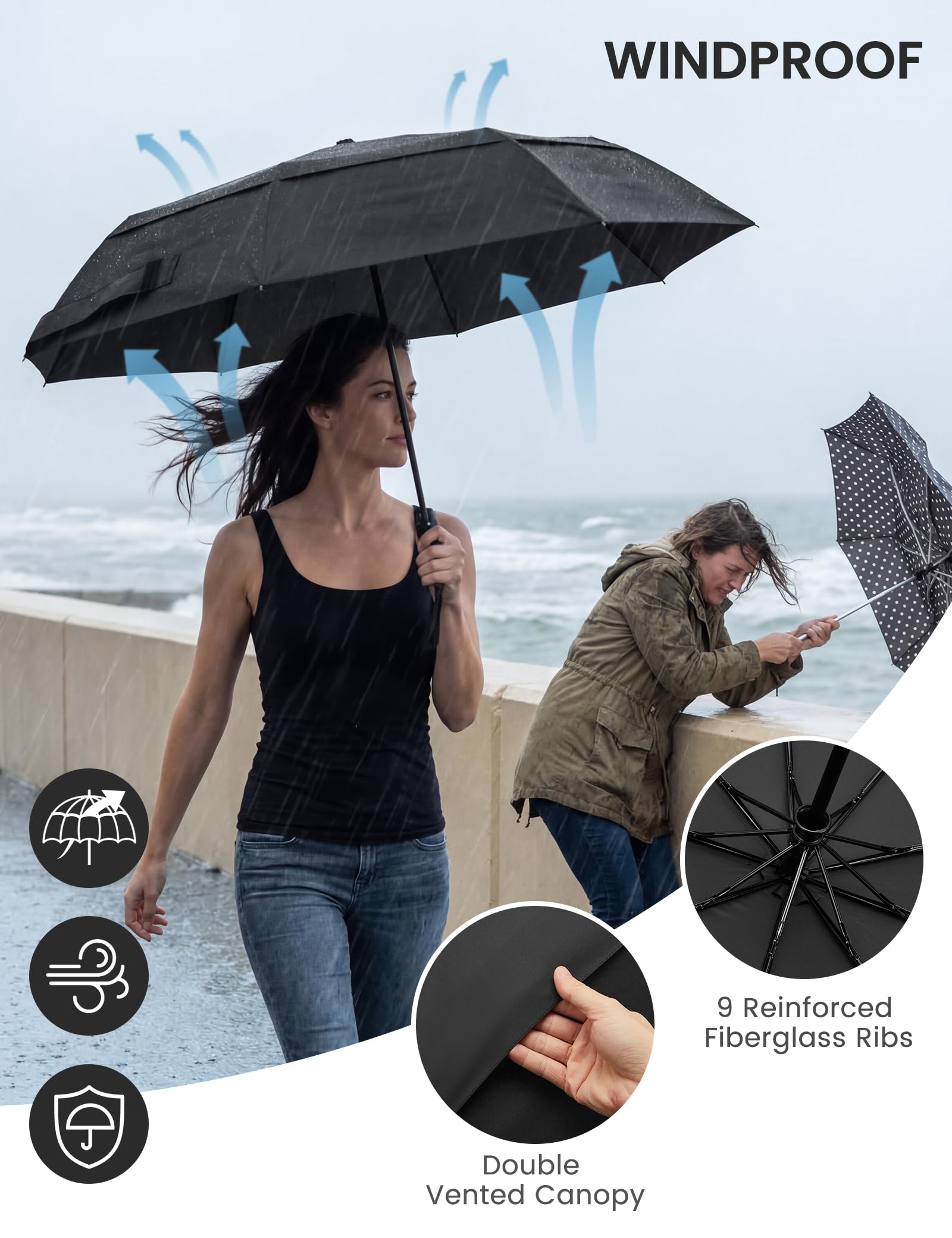 G4Free Strong Windproof Travel Umbrella 42 Inch Compact Umbrellas for Rain with Double Canopy Automatic Portable Durable(Black+Blue+Green+Pink)