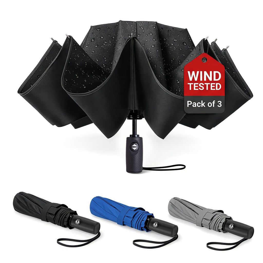 Liberty Imports Windproof Compact Travel Umbrellas (Pack of 3)