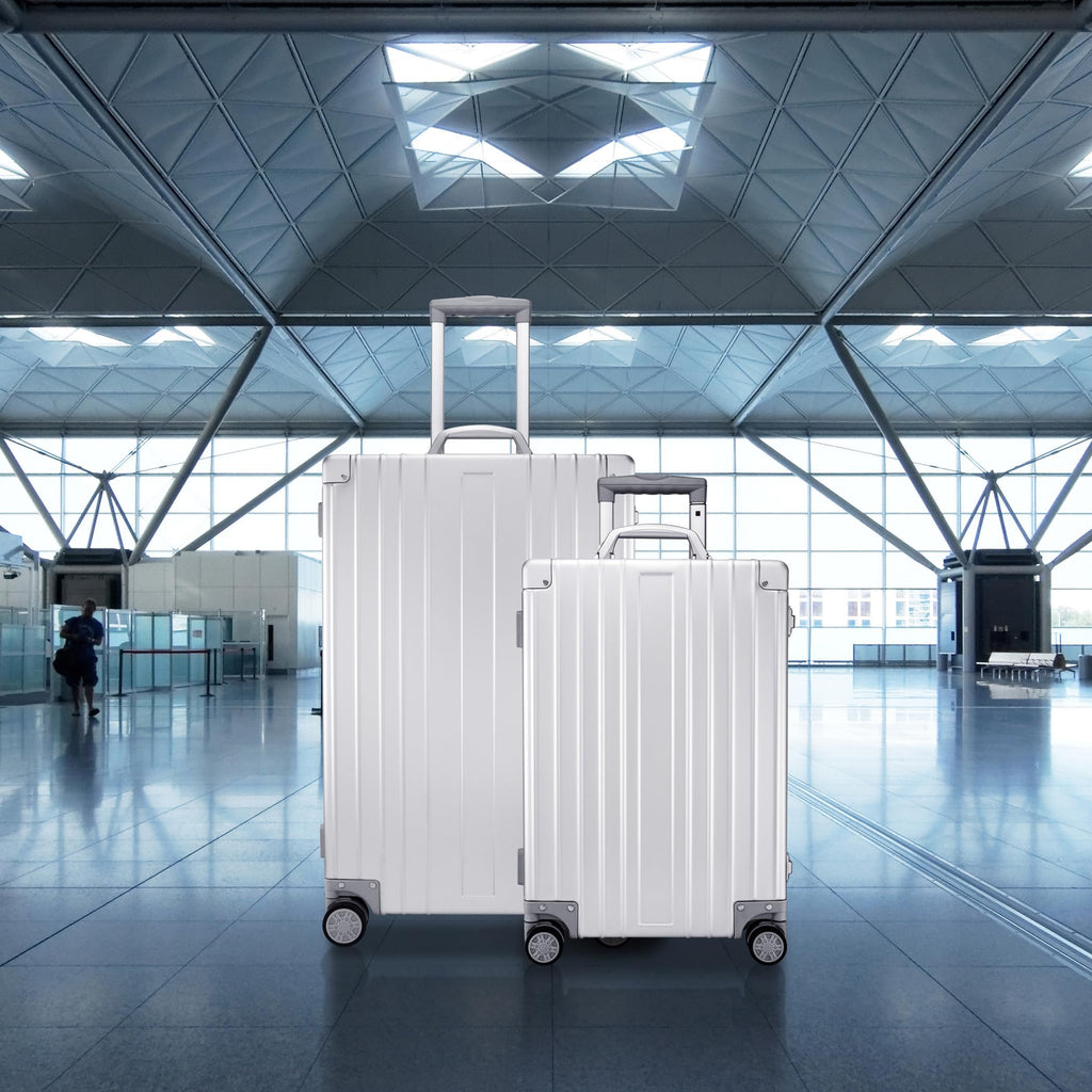 SKYLARK-100 Aluminum Luggage Set 20 & 26-inch, Silver Hard Shell Suitcase Combo with TSA Locks, Spinner Wheels, Lightweight & Scratch-Resistant