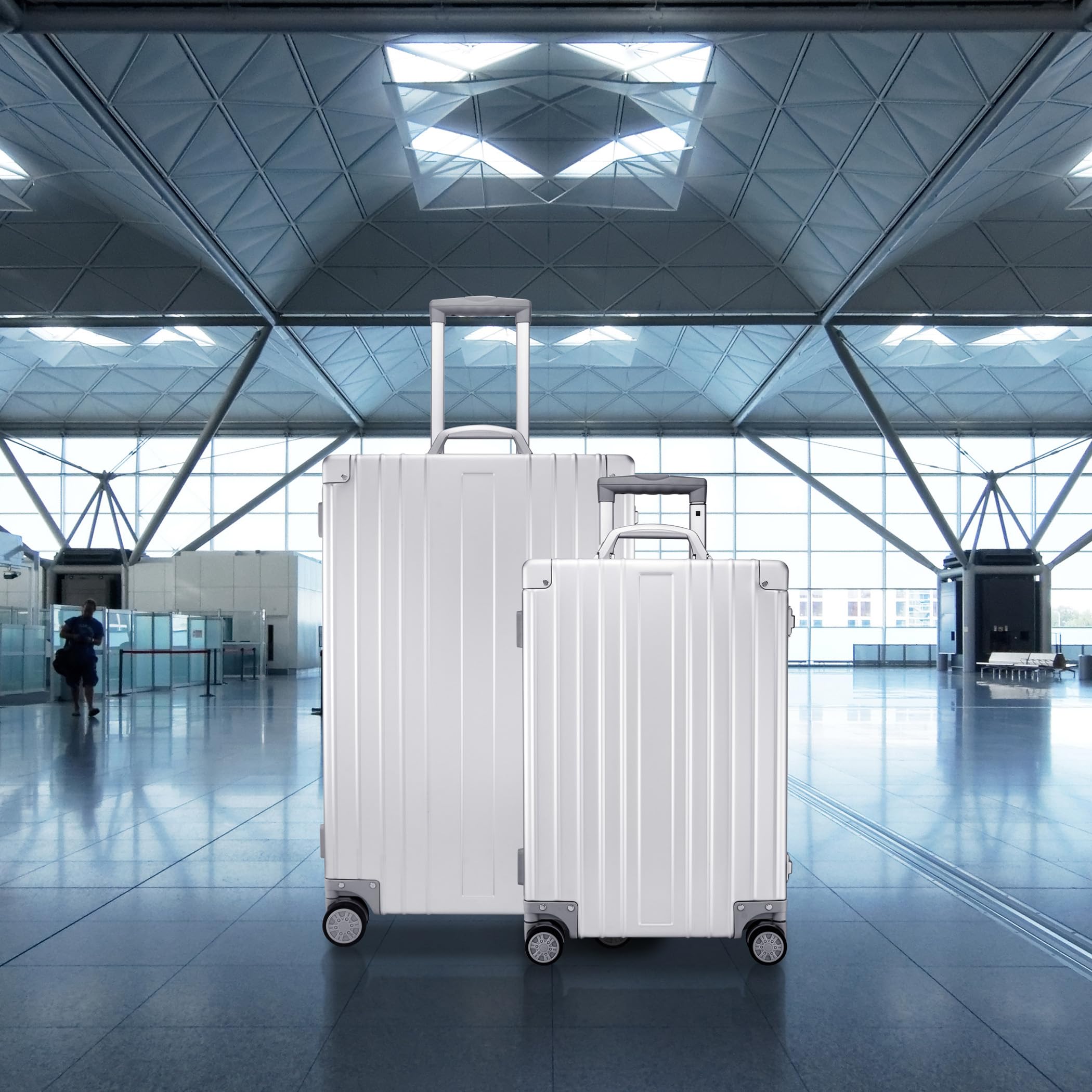 SKYLARK-100 Aluminum Luggage Set 20 & 26-inch, Silver Hard Shell Suitcase Combo with TSA Locks, Spinner Wheels, Lightweight & Scratch-Resistant